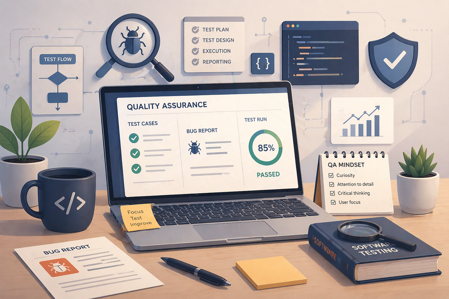 Quality Assurance workspace with test cases, bug reports and testing dashboard
